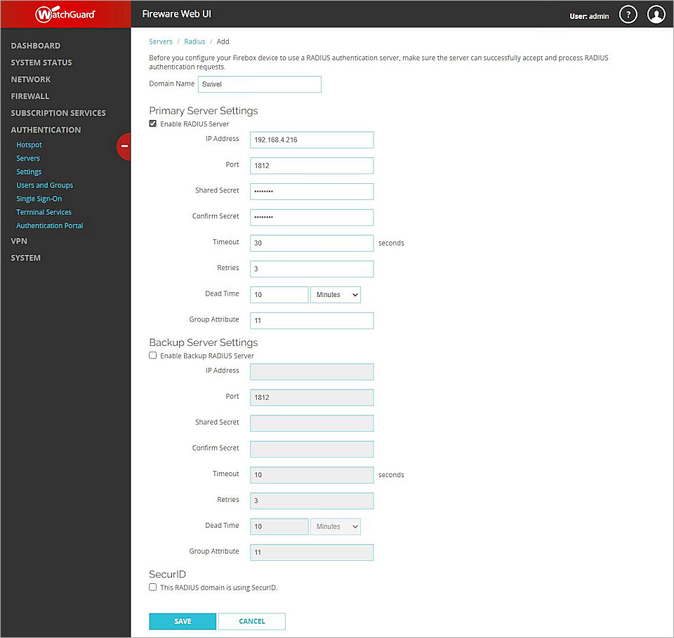 Screen shot of the Add RADIUS server settings page